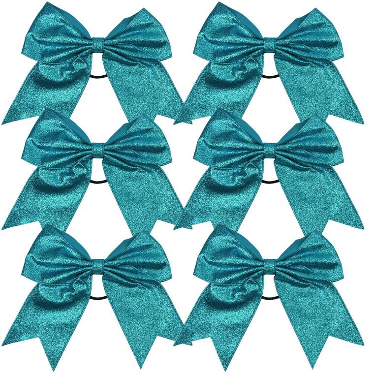 Cheerleader Bows Cheerleading 8 inch Sparkle Glitter Ponytail Holder Hair Tie School for High School College Girl Team Sports 6 Pcs  (Teal)