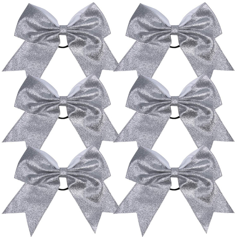 Cheerleader Bows Cheerleading 8 inch Sparkle Glitter Ponytail Holder Hair Tie School for High School College Girl Team Sports 6 Pcs  (Silver)