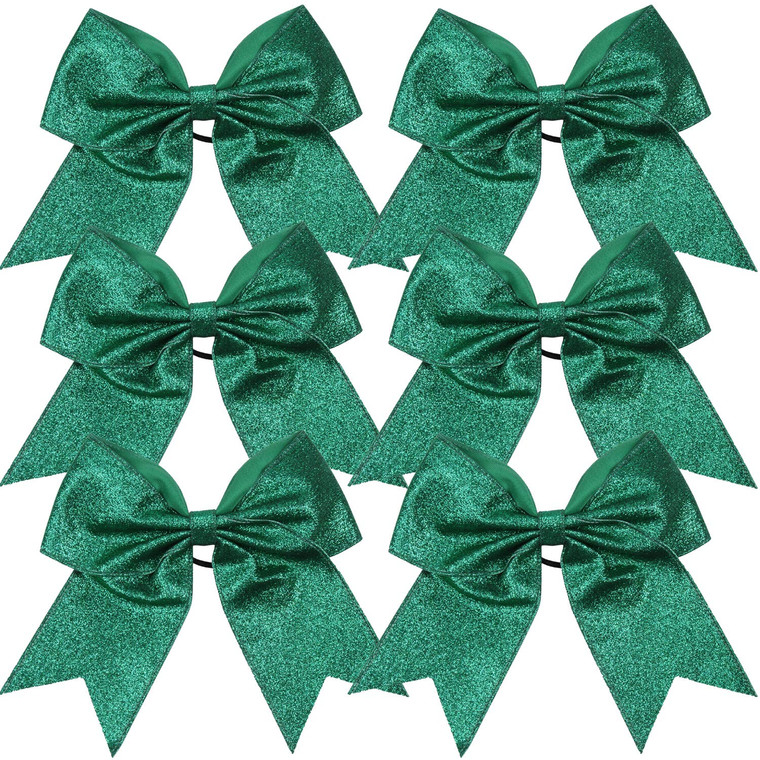 Cheerleader Bows Cheerleading 8 inch Sparkle Glitter Ponytail Holder Hair Tie School for High School College Girl Team Sports 6 Pcs  (Forest Green)
