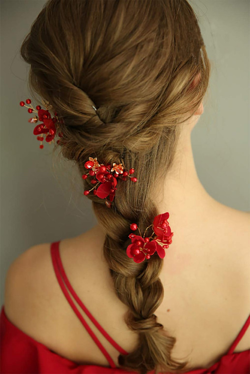 FXmimior Bridal Hair Accessory, Red Flower Hair Comb with Rhinestones and Pearls for Women, Bride, Prom, Party, Evening