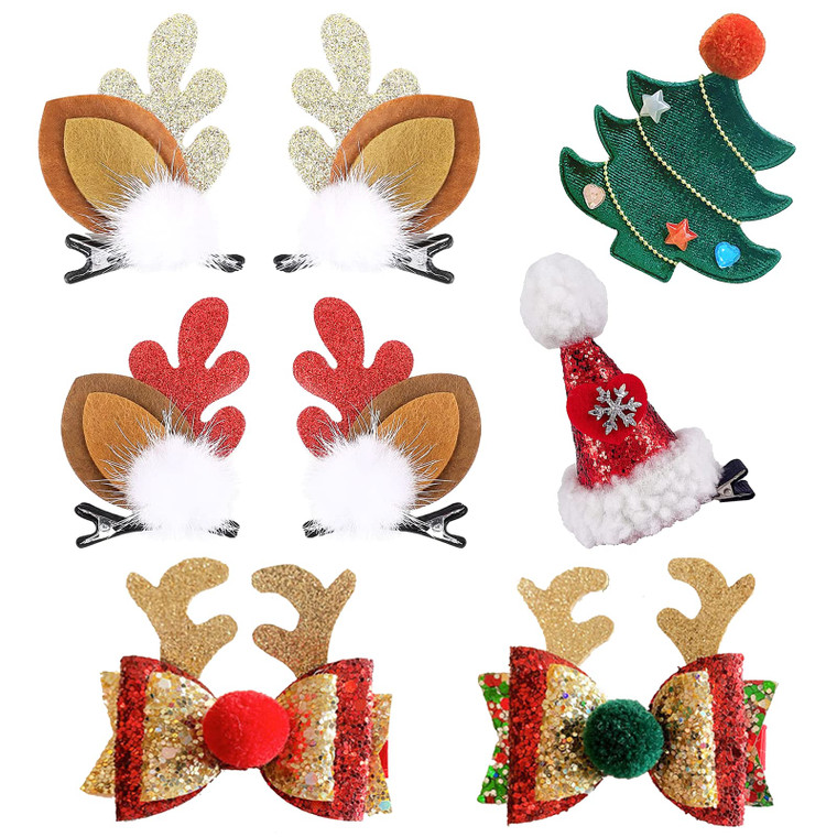 NBjiuyin 8Pcs Christmas Hair Clips Cute Decorative Cute Hair Accessories Antlers Headdress Hairpin Christmas Tree Hat Hair Bows for Girls Women Kids