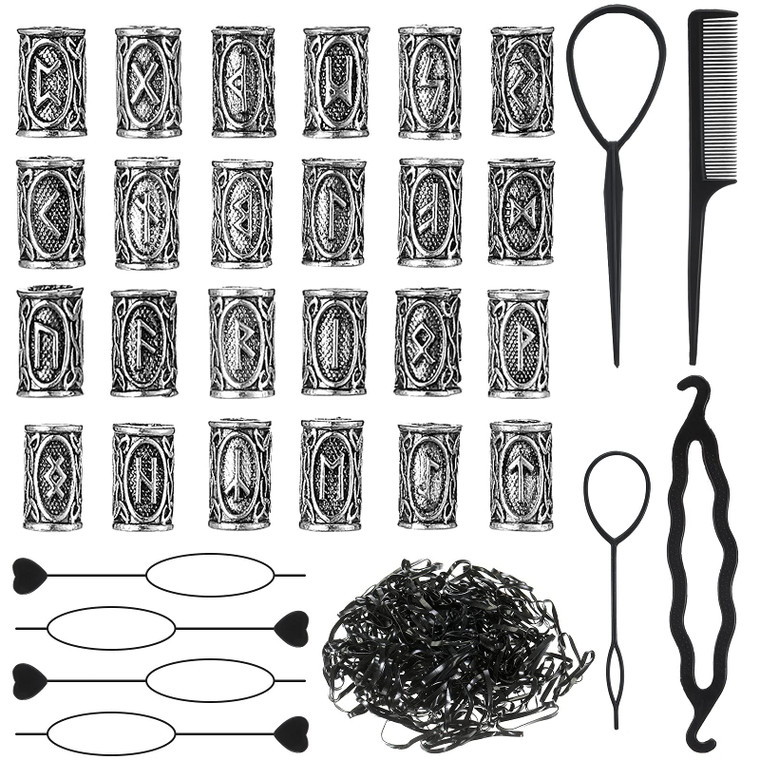 Geosar 24 Pcs Norse Vikings Runes Hair Beard Beads for Bracelets Necklace Accessories DIY Includes 7 Pcs Pull Hair Pin Quick Beader Tool and Black Ru