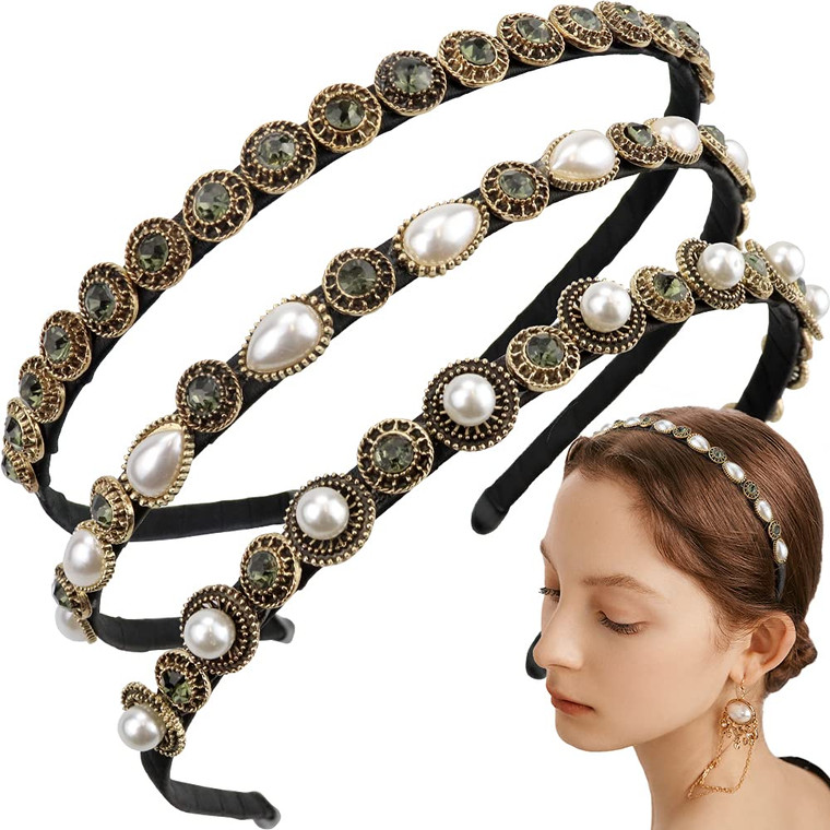 NAIHOD 3 Pcs Pearls Rhinestones Thin Headbands for Women Girls Luxury Vintage Hair Bands for Women's Hair with Cloth Wrapped Metal Hair Hoop Baroque