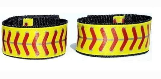 Fastpitch Softball Sleeve Scrunchies yellow with red stitching (Pair) Softball sleeve holders. sleeve straps. From the ORIGINAL USA inventor, over 8
