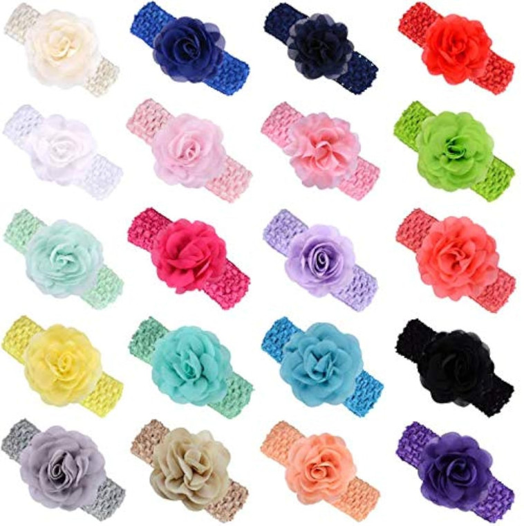 KW Collection Girl Baby Hairband with Chiffon Rose Flower, 20 Colors, 1 Pcs per color, Elastic Crochet Headband for Baby, Women's Hair Accessory
