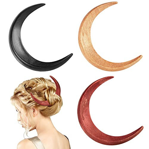 Taiyin 3 Pcs Moon Hair Fork Hairpin for Women 5.12'' Moon Stick Hand Carved Clip Thin Hair Accessories Wooden Barrettes Lightweight Styling Tool(Red,