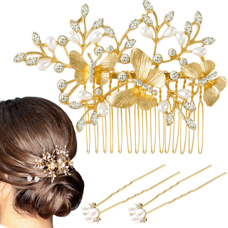 OIIKI Gold Butterfly Hair Accessories: Pearl Rhinestone Bridal Comb, Crystal Leaf Side Comb, 2 Hair Pins - Vintage Jewelry for Bride and Women