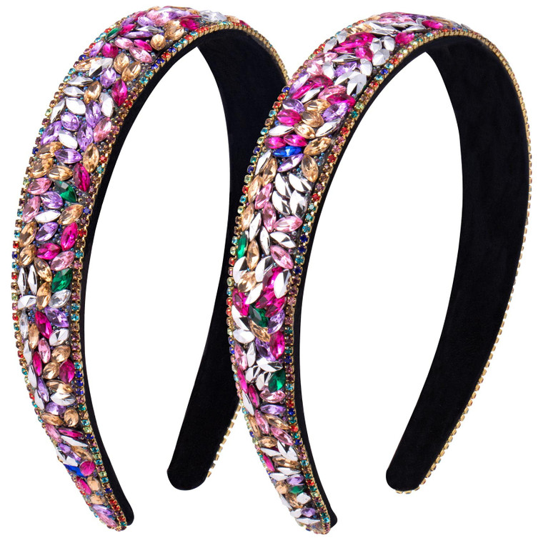 Isslly 2PCS Colorful Rhinestone Headband for Women, 1inch Wide Vintage Girls' Headbands, Fashion Crystal Headband, Jeweled Headbands, Diamond Padded