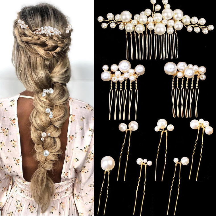 9PCS Gold Wedding Bridal Pearl Hair Pins Clips Vintage Hair Headpiece Jewelry for Bridesmaids Brides Flower Girls Hair Accessories(Pearl Style)
