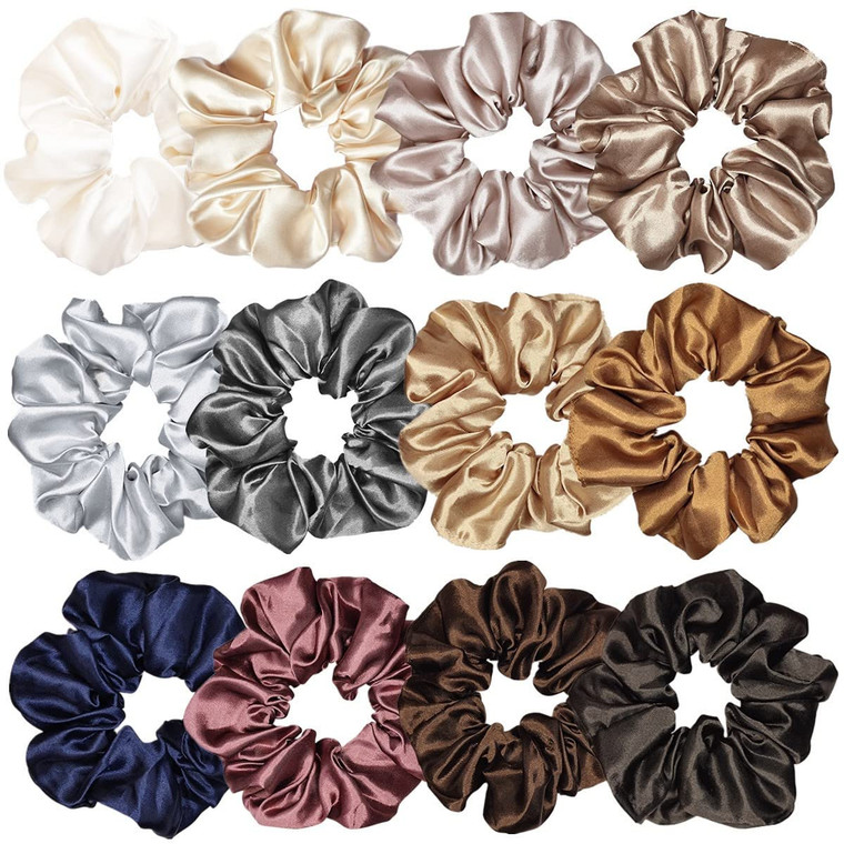 12 Pcs Satin Silk Scrunchies Soft Hair Ties Fashion Hair Bands Hair Bow Ropes Elastic Bracelets Ponytail Holders Hair Accessories for Women Girls (4.