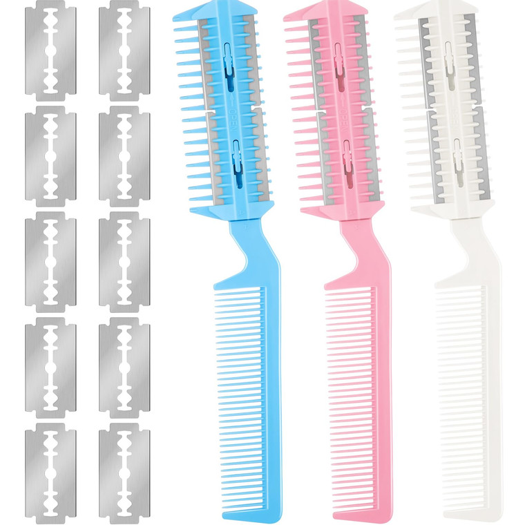 Maitys 3 Pcs Haircut Razor Comb Hair Cutting Comb with 12 Replacement Blades Double Edge Shaper for Salon & Home Styling Split Ends Trimmer Styler fo