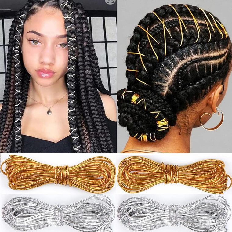 4 Pieces 5M Dreadlock Braids Hair Accessories Gold Silver Braiding Hair Deco Styling Shimmer Stretchable African Braid Braided Elastic Cord Ornament