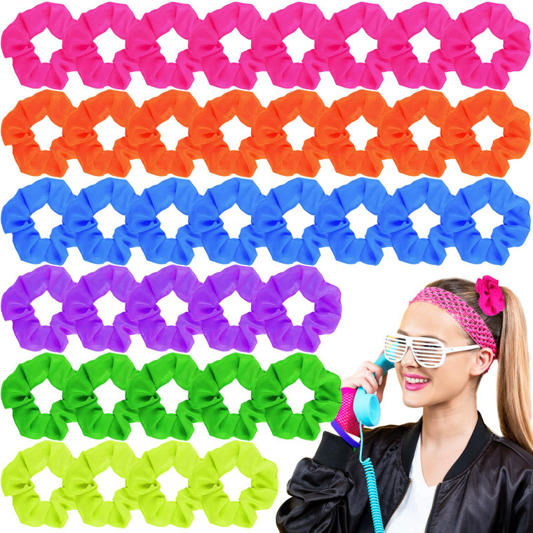 XunYee 48 Pcs Neon Scrunchies Bulk for 80s Hair Ties Bright Color Neon Hair Accessories Scrunchy Elastic Hairbands for Women Ropes Ponytail Bands 90s