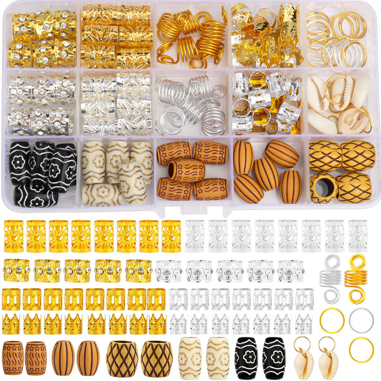Jelyne 133 PCS Hair Jewelry for Braids Gold Hair Cuffs for Locs Hair Coils Rings Dreadlock Accessories Shells Imitation Wood-Like Hair Tube Beads for