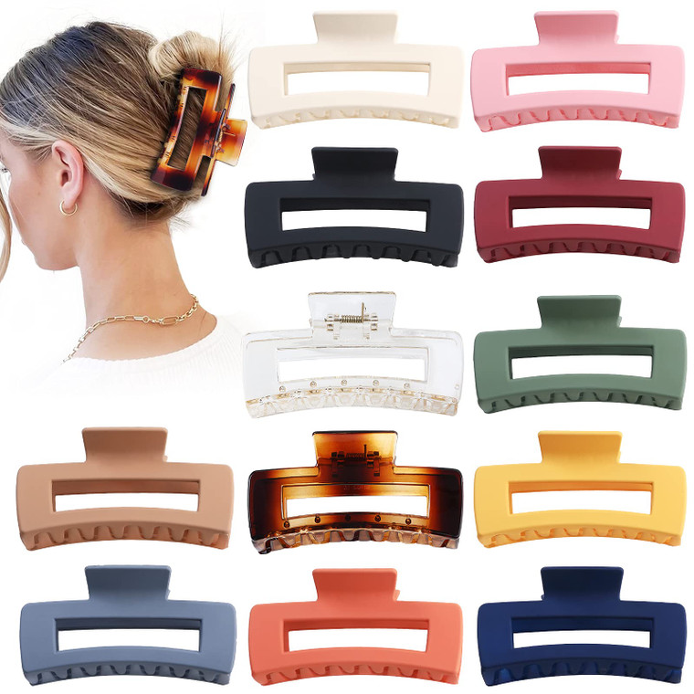 Sisiaipu 4.1 Inch Large Hair Accessories - 12 Pcs Big Square Jaw Clips for Thick Hair, Jumbo Bulk Clips for Women and Girls