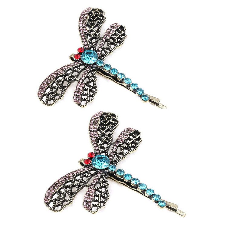 2PCS Vintage Rhinestone Hair Clips Hollow Dragonfly Graphics Hairpin Side Clip Alloy Barrettes Bobby Pin Hair Accessories Women Lady 