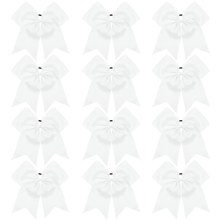 TUUXI 12pcs Large Cheering Bows 8 Inch White Cheerleading Bows with Elastics Hair Ties Bands Ponytail Holder for Cheerleader Softball Football Compet