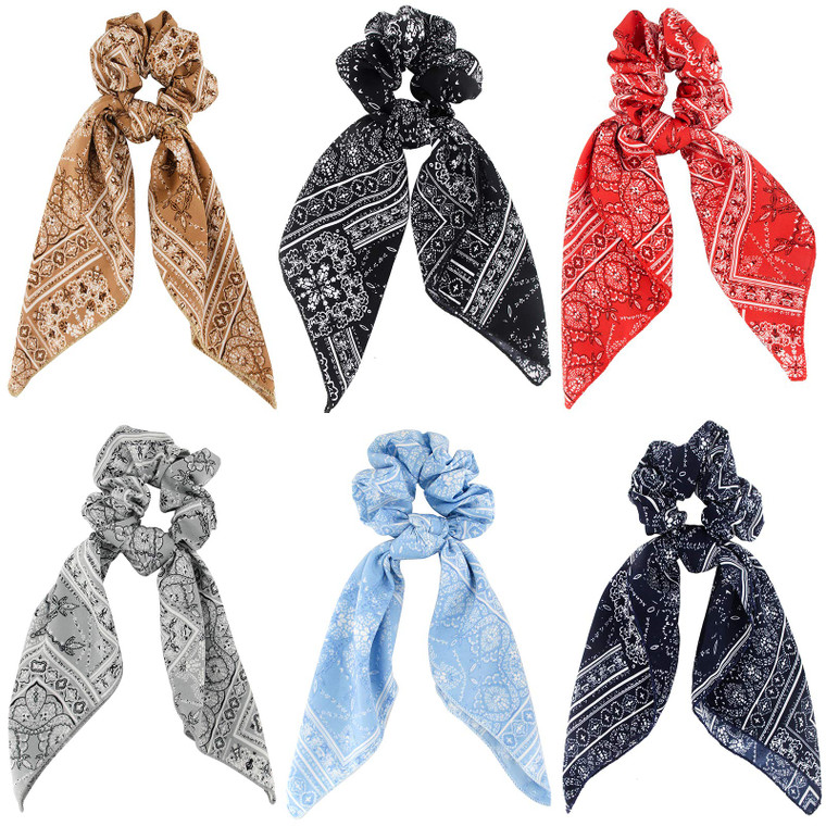 Cutewing Hair Scarf Ties Ponytail with 6PCS Scarf-Scrunchies, Paisley Flower Printing, Chiffon Material, for Women Girls, Hair Accessories