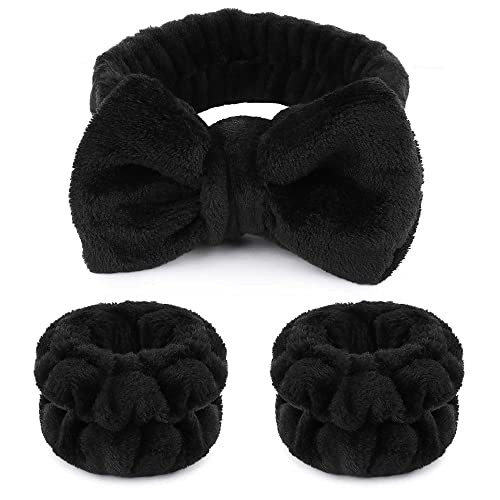 WSYUB Makeup Headbands, 1pcs Black Spa Headband Fluffy Bow Tie Headband Microfiber Face, and 2Pcs Wrist Spa Wash Band Absorbent Wristbands, for Washi