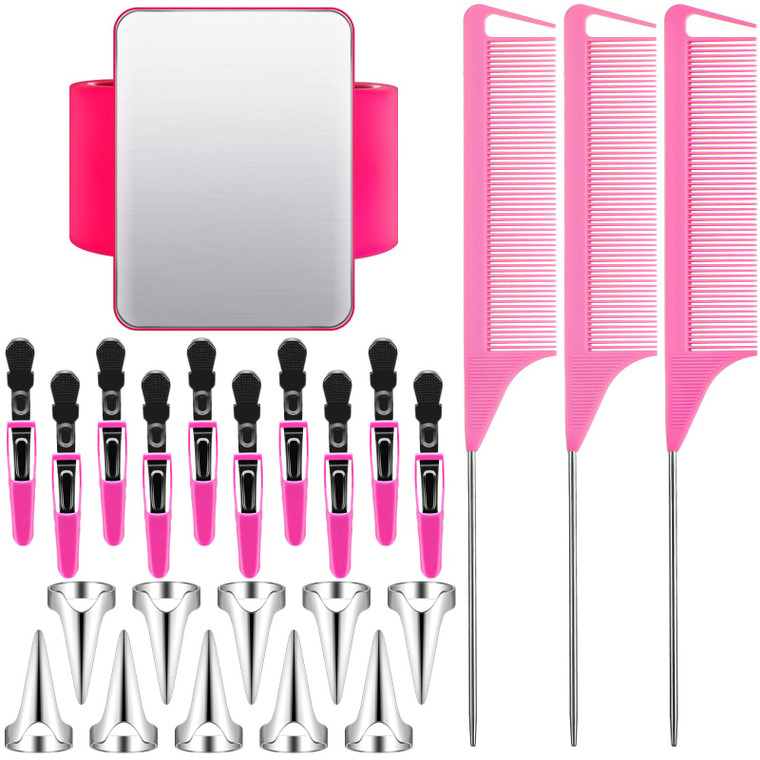 24 Pcs Braiding Combs Magnetic Wrist Sewing Pincushion Set 3 Rat Tail Combs 10 Hair Parting Ring Selecting Ring and Sectioning Clip(Pink)