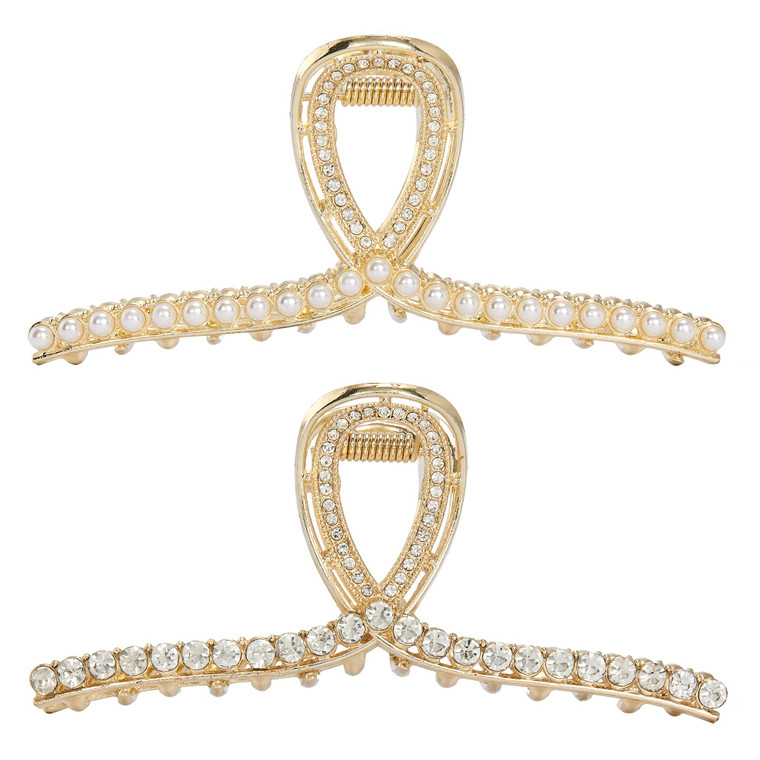 Textention Metal Hair Clip, 4.4 Inch Large Hair Claw Clip with Rhinestone & Artificial Pearls, Hair Jaw Clips for Women - 2 Pack