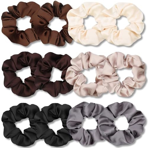 IVARYSS Scrunchies for Sleep, Premium Satin Soft Than Silk, Cute Bands Ties for Women, Girls - Curly, Thin & Thick Hair Styling, 12 Pack, Neutral Col