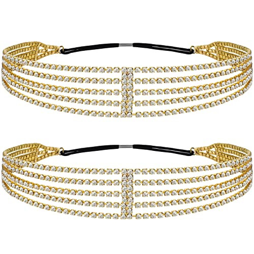 ANCIRS 2 Pack Multi Layered Elastic Headband for Women, Adjustable Rhinestone Bridal Headpieces, Stretchy Crystal Jewelry Hair Bands Accessories for