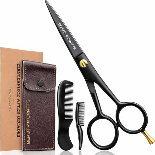 Beauty & Crafts- 5'' German Beard Mustache Scissors - 2 Mustache Comb for Facial Hair with Beautiful Pouch - Beard Trimming Scissors Use for Grooming