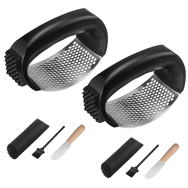 Ywmoml 2 Pack Garlic Press Rocker Set  Innovative Stainless Steel Garlic Mincer & Crusher with 2 Peelers, 2 Scrapers, and 2 Brushes for Effortless G
