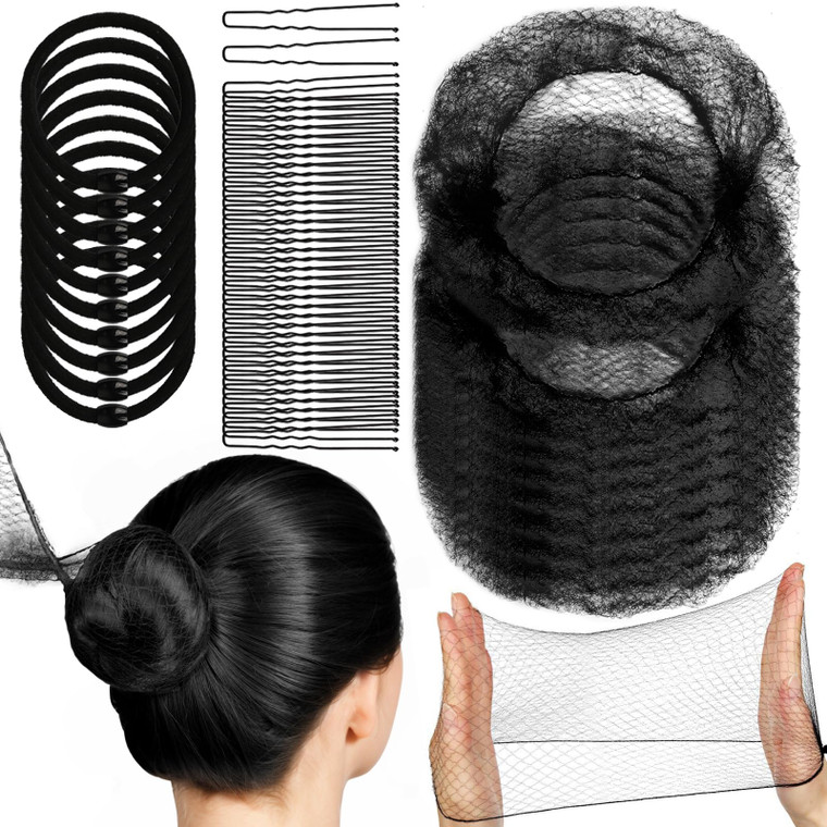 Hair Nets for Buns by YGDZ - 40pcs Invisible 20-Inch Elastic Mesh Set, U-Shaped Pins, Hair Bands for Ballet, Dance, Women, Girls (Black)