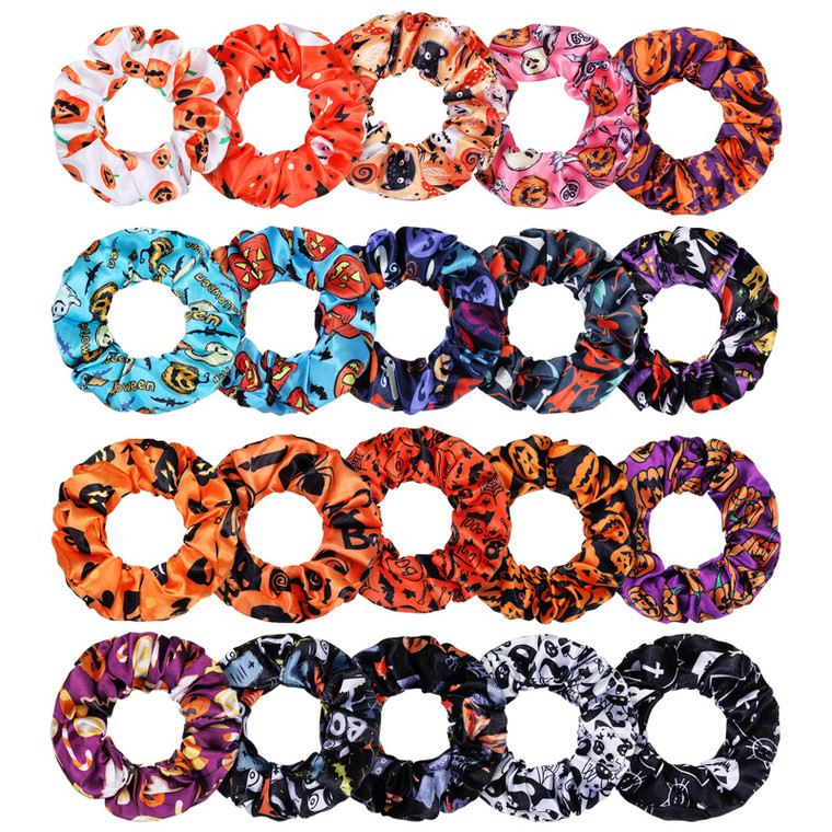 WILLBOND 20 Pieces Halloween Scrunchies Pumpkin Scrunchies Candy Owl Cat Spider Web Coffin Hair Ties Soft Elastic Hairbands Plaid Hair Scrunchy Ties