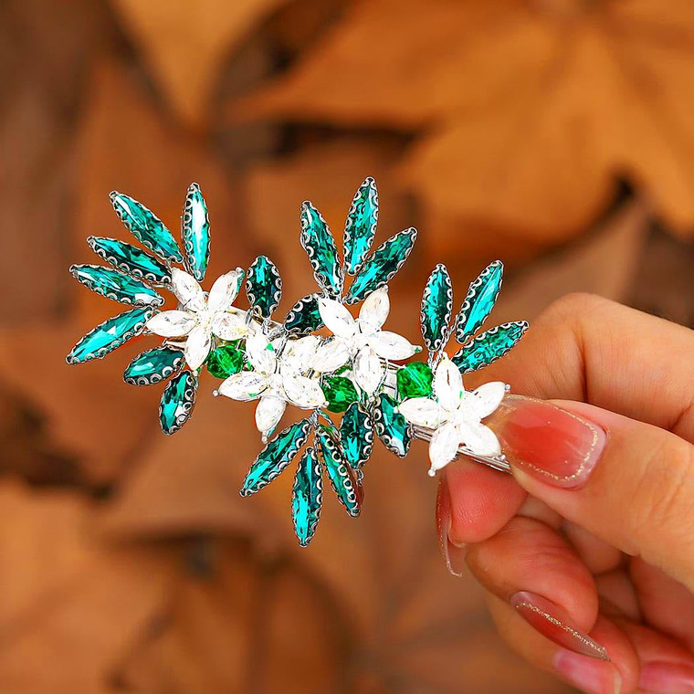 JONKY Bride Crystal Wedding Hair Clip Green Rhinestone Flower Headpiece Bridal Hair Accessories for Women