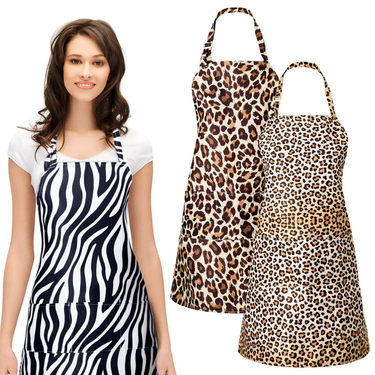 JenPen 3 Pcs Leopard Print Cosmetology Aprons 27 x 25 inch Animal Leopard Zebra Print Hairdresser Apron Waitress Server Aprons with 3 Pockets Waterpr