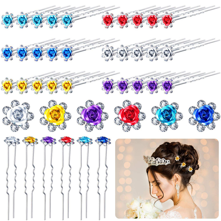 Chuangdi 30 Pieces Rhinestone Hair Pins Bridal Wedding Crystal Clips Rose Flower Crystal U Shaped Bobby Pins Decorative Hairpin Accessories Jewelry B