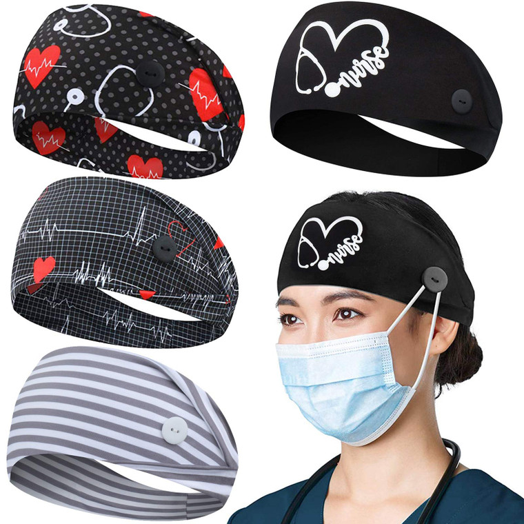 ABAMERICA Headbands with Button for Mask, Wide Nurses Headbands Non Slip Elastic Ear Protection for Women Men Doctors Sweatband Headband