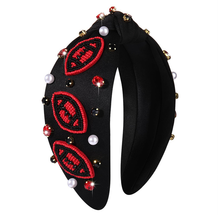 JERTOCLE Football Knotted Headbands for Women Game Day Sports Beaded Red Black Football Headband Pearl Crystal Bejeweled Wide Top Knot Hairband Game