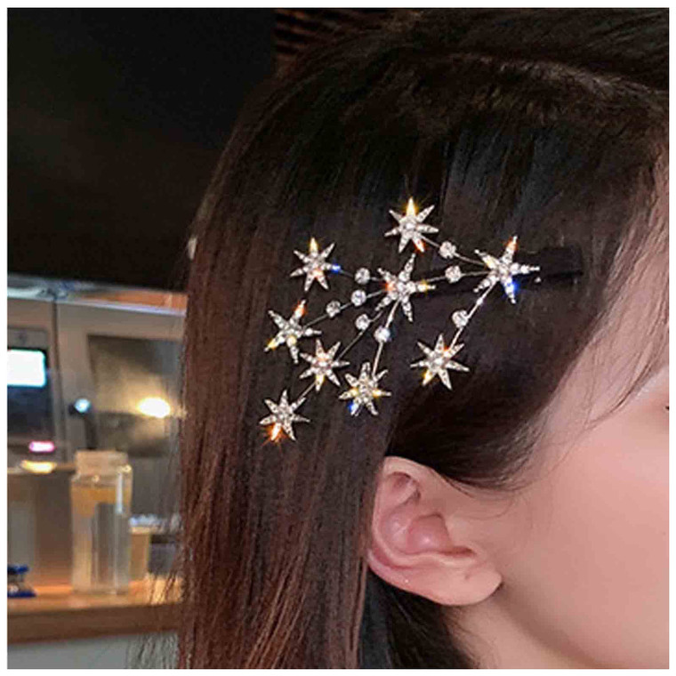 Yheakne Crystal Rhinestone Bling Hair Accessories: Decorative Star Barrette, Hair Pin, and Headpiece for Women and Girls (Silver)