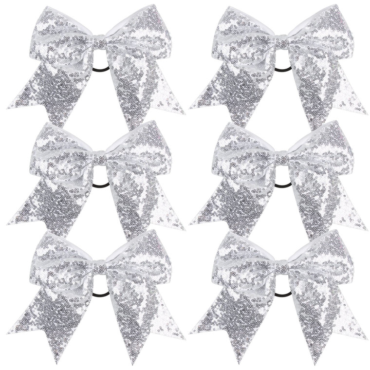 ICObuty Metallic Sequin and Holographic 8 Inch Cheer Bow for School (Silver Sequin, 6 Count)