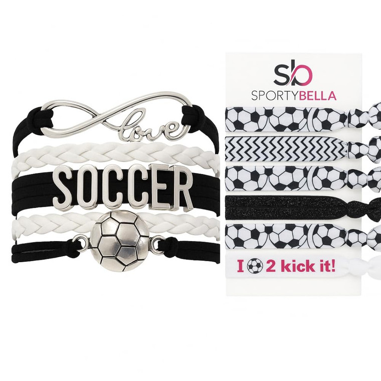 SportyBella Soccer Gift Set  Bracelet and 6-Piece Hair Tie Pack  Soccer Accessories for Girls or Teams  Soccer Bracelet and Hair Ties for Players,
