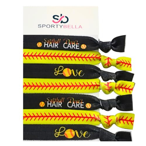 Sportybella Softball Hair Ties, No-Crease Elastic Accessories with Love and Softabll Hair Don't Care Designs, Yellow and Black Multi-Pack, Gifts for