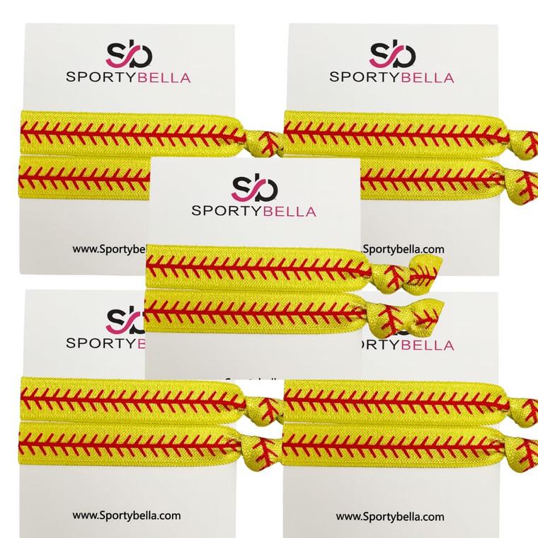 Softball Hair Ties  Sportybella No Crease Ponytail Holders (Pack of 5)  Yellow with Red Stitch Design  Team Gifts, Party Favors & Accessories for
