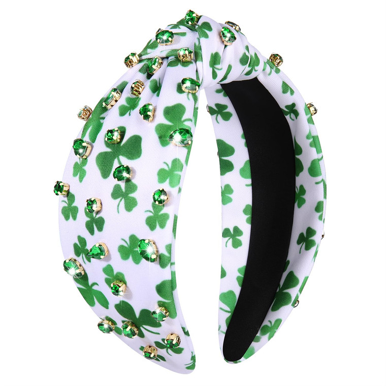 boderier St.patricks Day Headband Green Shamrock Headband Jeweled Crystal Knotted Holiday Party Accessories (Rhinestone Shamrock Pattern)
