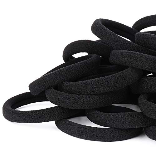 50PCS Black Hair Ties for Women, Cotton Seamless Hair Bands, Elastic Ponytail Holders, No Damage for Thick Hair, 2 Inch in Diameter, by Qarwayoc