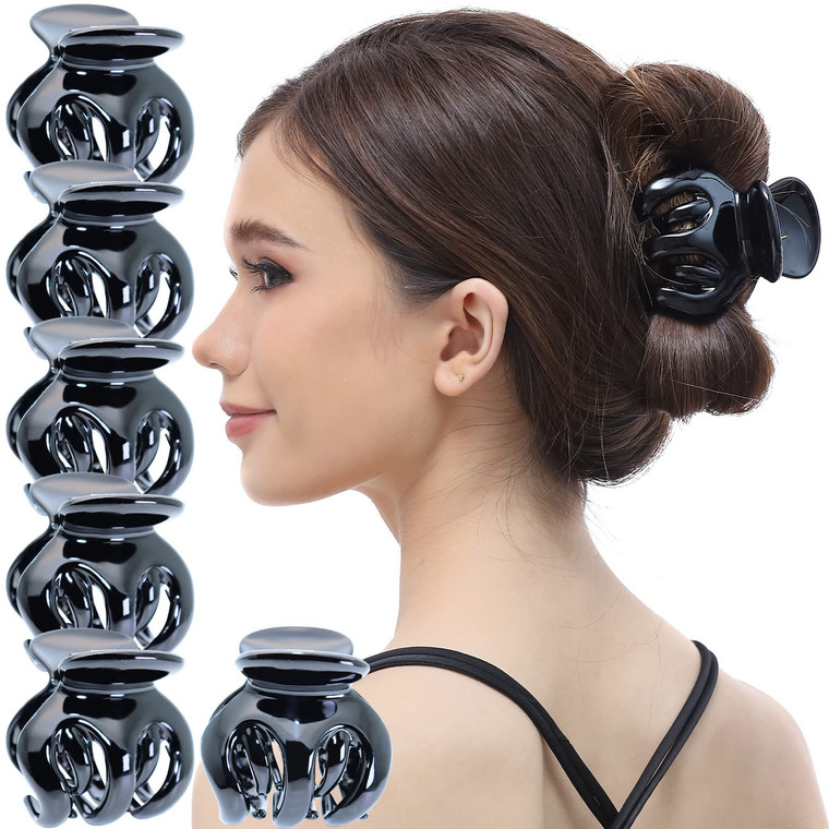 RC ROCHE 6 Pcs Octopus Hair Claw Clip for Women Thick Hair Round Jaw Pumpkin Jumbo Extra Big Cute Slip Secure Grip Strong Classic Clamp, Large Black