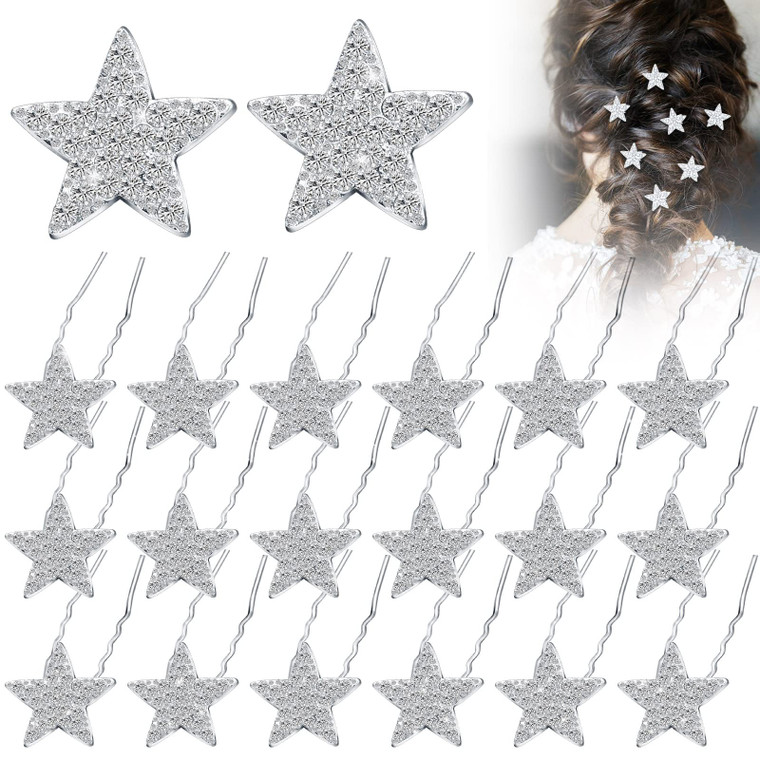MTLEE 20 Pieces Star Rhinestone Hair Pins Bling Crystal Wedding Hair Clips for Brides Glitter Star for Girl Women Accessories(Silver)