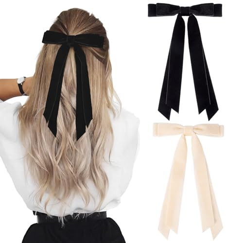 2PCS Hair Bows for Women Hair Clip Beige Black Hair Ribbon Hair Accessories Bowknot Long Hair Barrettes for Women Girls Toddlers Teens Kids