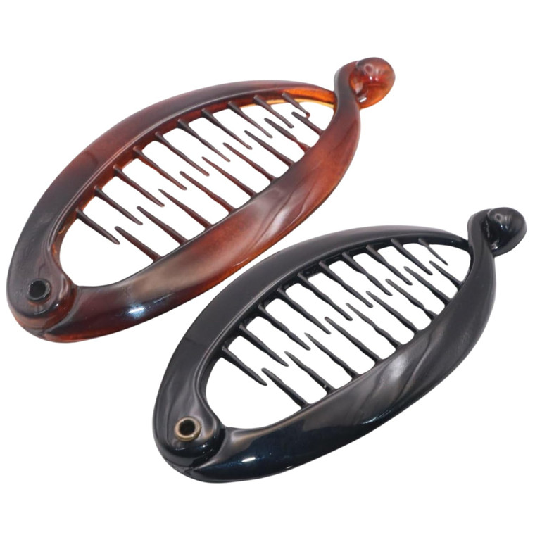 Parcelona French Effortless Mini Tortoise Shell and Black Pack of 2 Celluloid Clips for Thick Hair Ponytail Holder Banana Hair Clips for Women