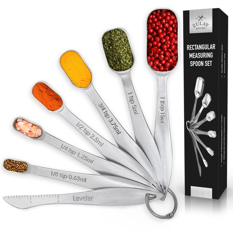 Zulay Measuring Spoons Set - 6 Piece Stainless Steel Measuring Spoons - Easy to Read, Etched Markings & Slim Design for Narrow Spice Jars - Heavy Dut