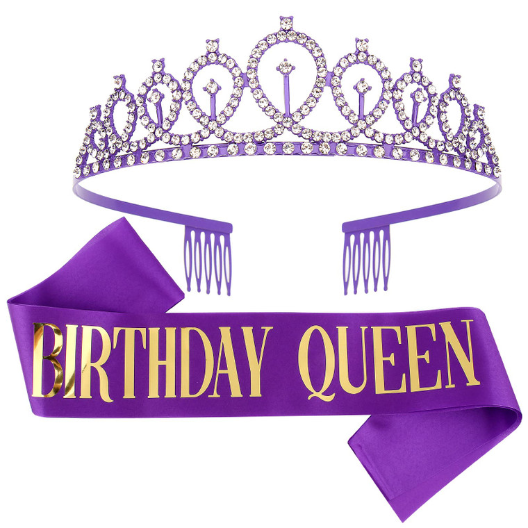 CIEHER Purple Birthday Decorations - Queen Crown & Tiara Kit, Sash, 16th-70th Birthday Gifts for Women