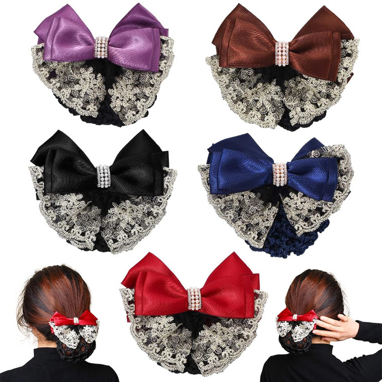 Vctitil 5 Pcs Hair Snood with Bow, Professional Bun Cover Net for Flight Attendants, Nurses - Mother's Day Gift